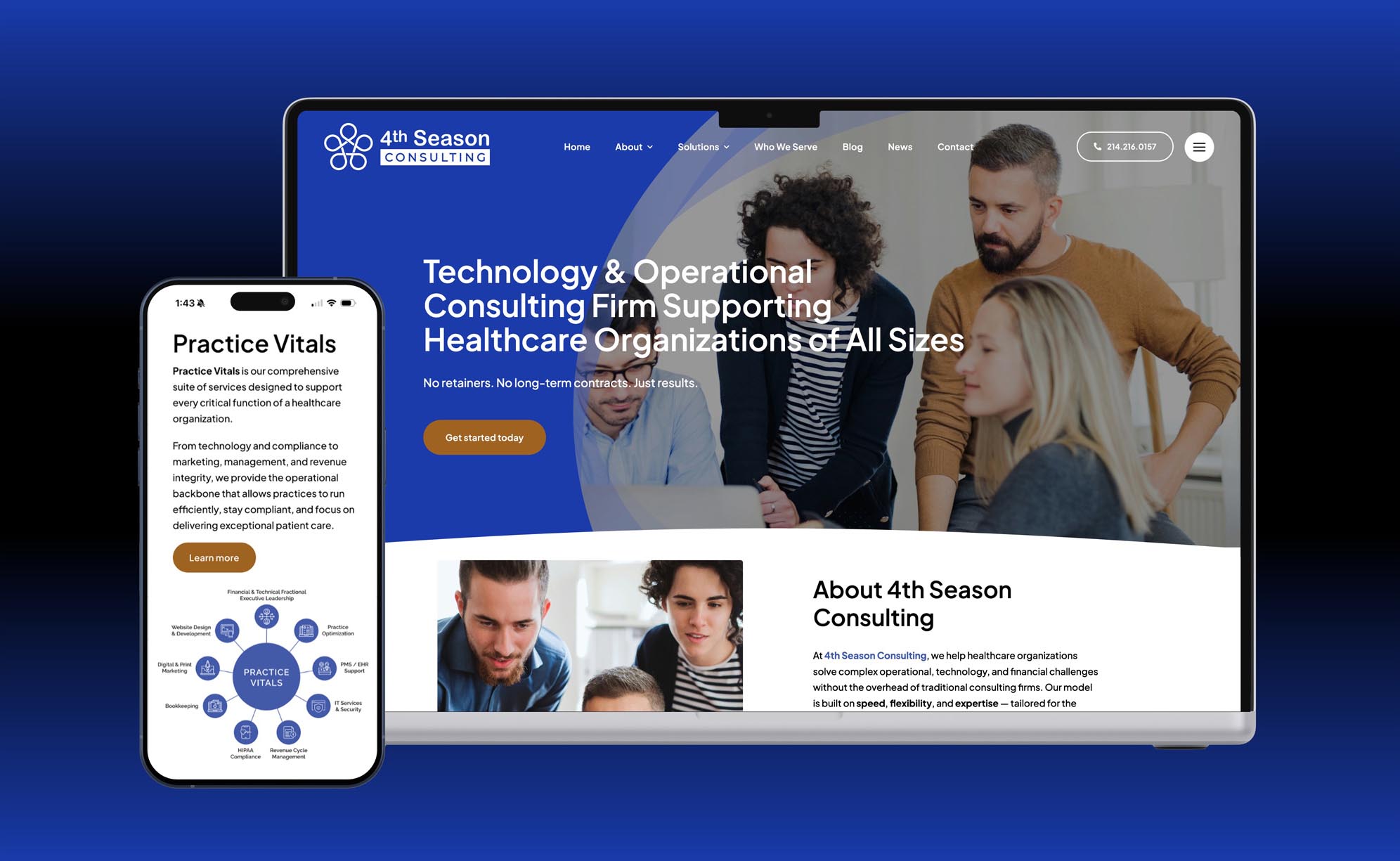 Laptop and iPhone showing new 4th Season Consulting website look and Practice Vitals graphic